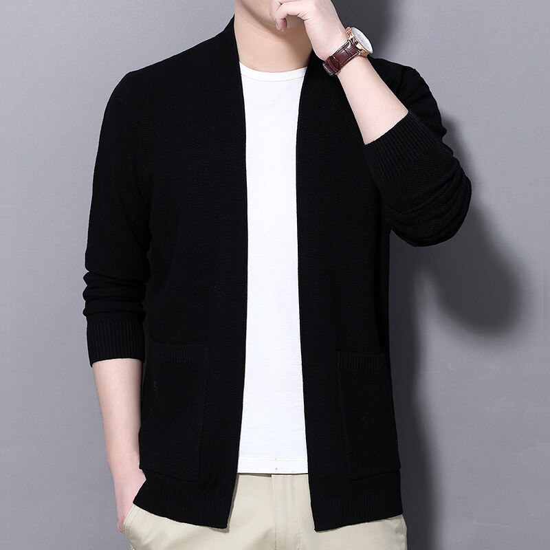 Homme chandail tricoté hommes Cardigan veste beau mince couleur unie chandails: Black / XXL