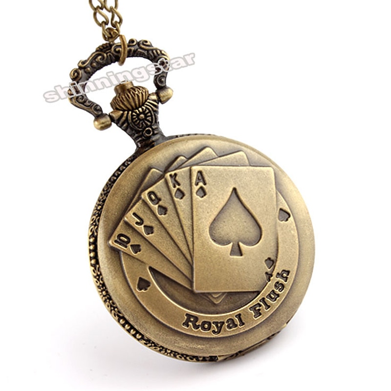 Flush poker mønster halskæde ur vintage stil bronze vedhæng kæde ur kvarts lommeur xmas  p80