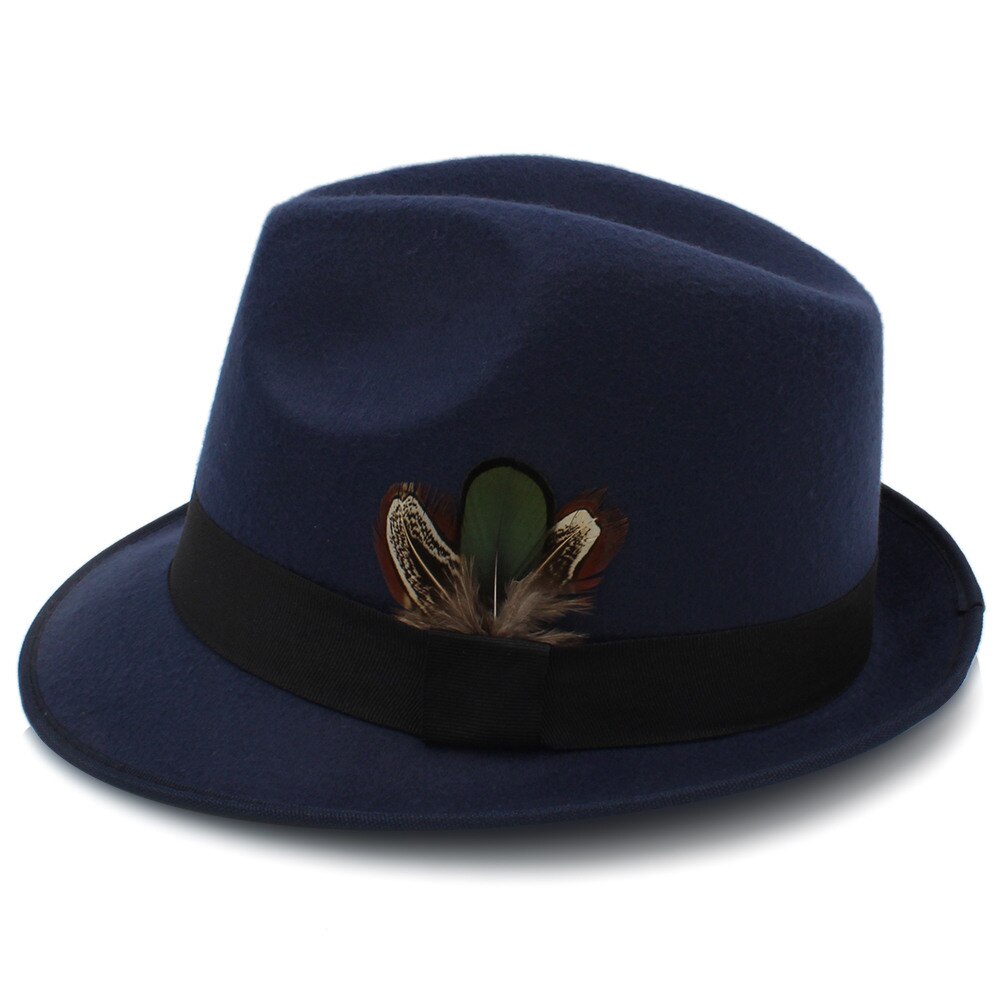 Kvinners sorte feminino filt fedora lue til dame vinter høst derby jazzhatter britiske trilby jazzhatter skinn størrelse 57cm: Mørke blå