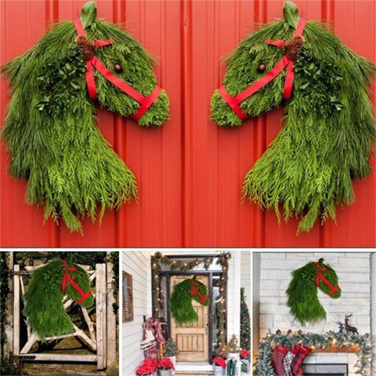 1/2PC Christmas Wreath Winter Wreath-Farmhouse Double Horse Head Christmas Wreath Christmas Decoration Christmas Wreath