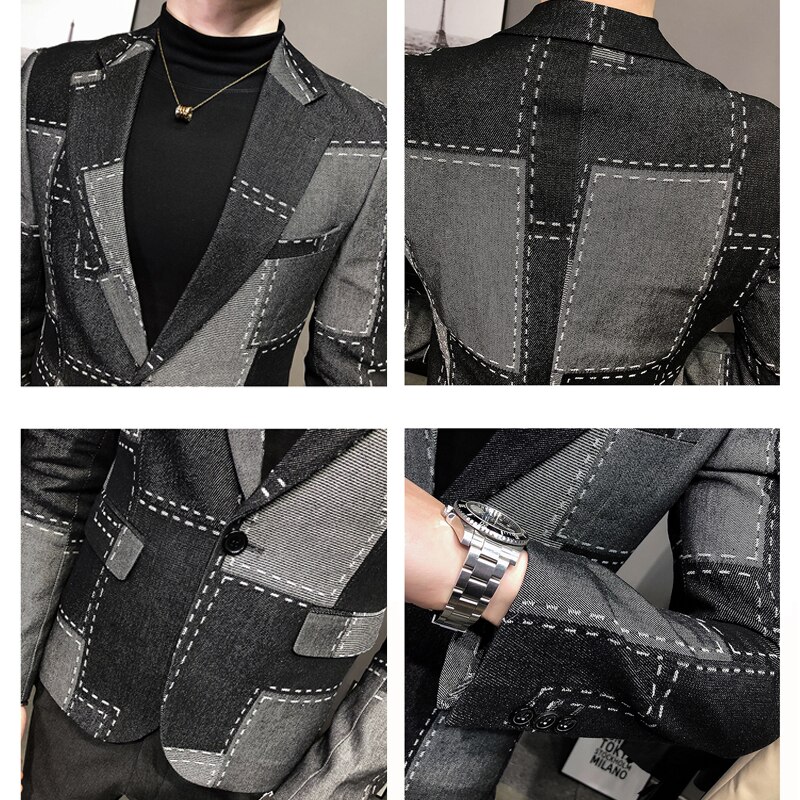 Luxury Denim Blazers Men Spring Autumn Washed Denim Casual Suit Jacket Male Korean Plaid Street Wear Slim Fit Mens Casual Blazer