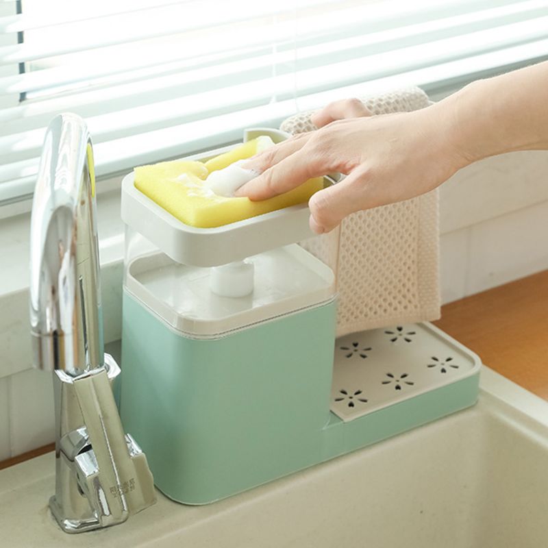 3 in 1 sæbe pumpe dispenser rengøringsvæske beholder svampholder klud håndklæde kludebøjle afløbsrør til køkken