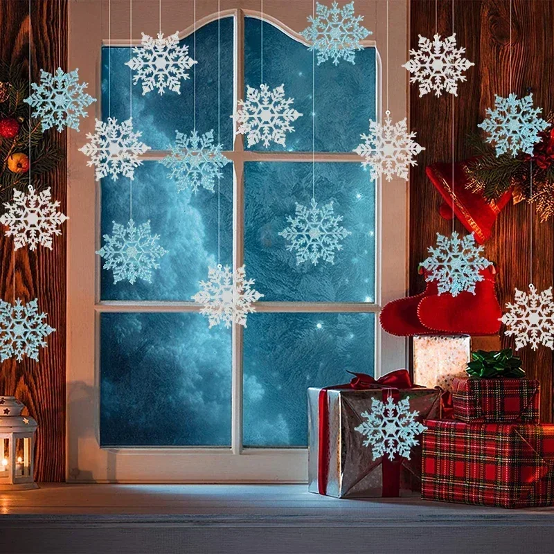 Pack Of 24/12/6 Pieces Snowflakes For Christmas Tree Decoration Blue Snowflakes With Bright Powder Winter Year Hanging Decor