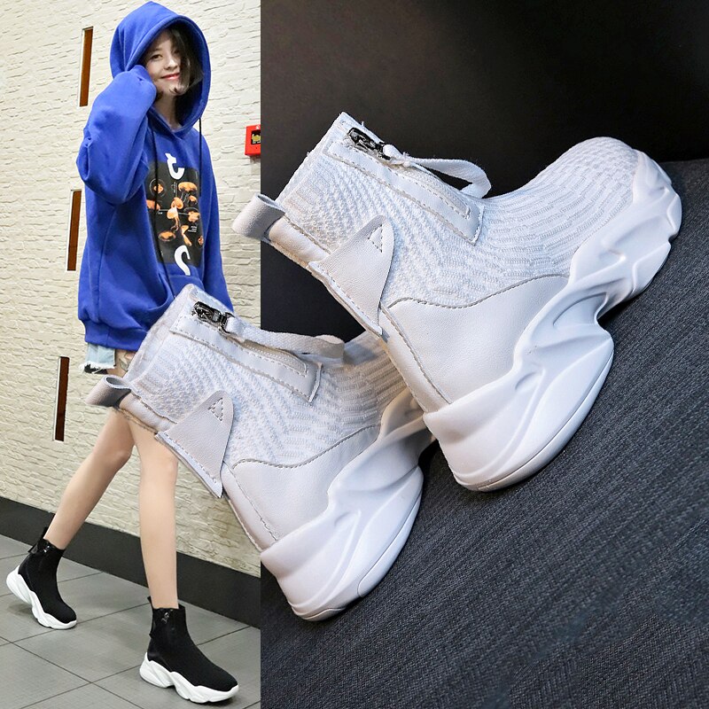 Qwedf sneakers kvinder strik overdel åndbare sneakers sokkestøvler kvinde chunky sko high top sko til kvinder tennis feminino  g4-45