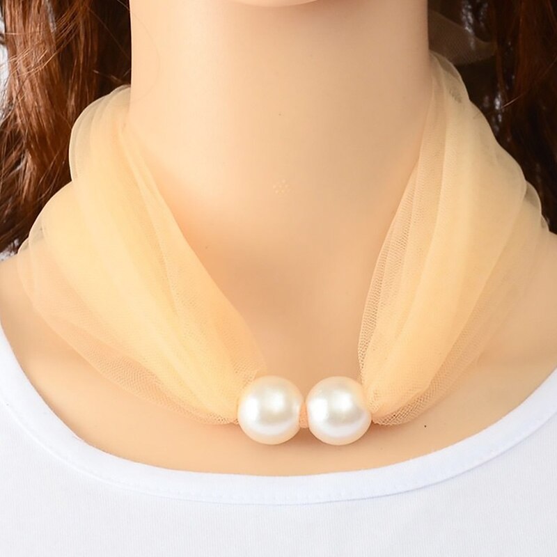 Spring Net Yarn Pearl Scarf Necklace Women Choker Party Jewelry Pure Color Scarf Necklaces: Light Yellow