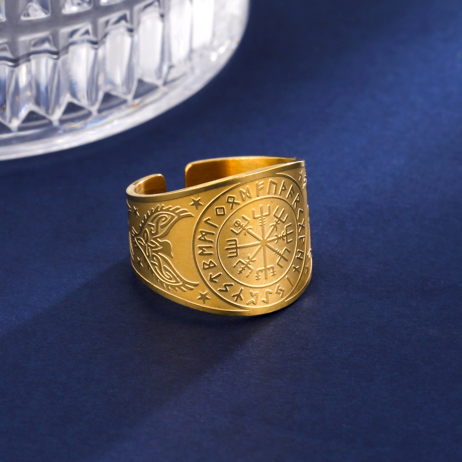 LIKGREAT-anillo Vegvisir con brújula vikinga, timón de Awe, runa nórdica, amuleto escandinavo, joyería de acero inoxidable, de Año: 8 / Azul