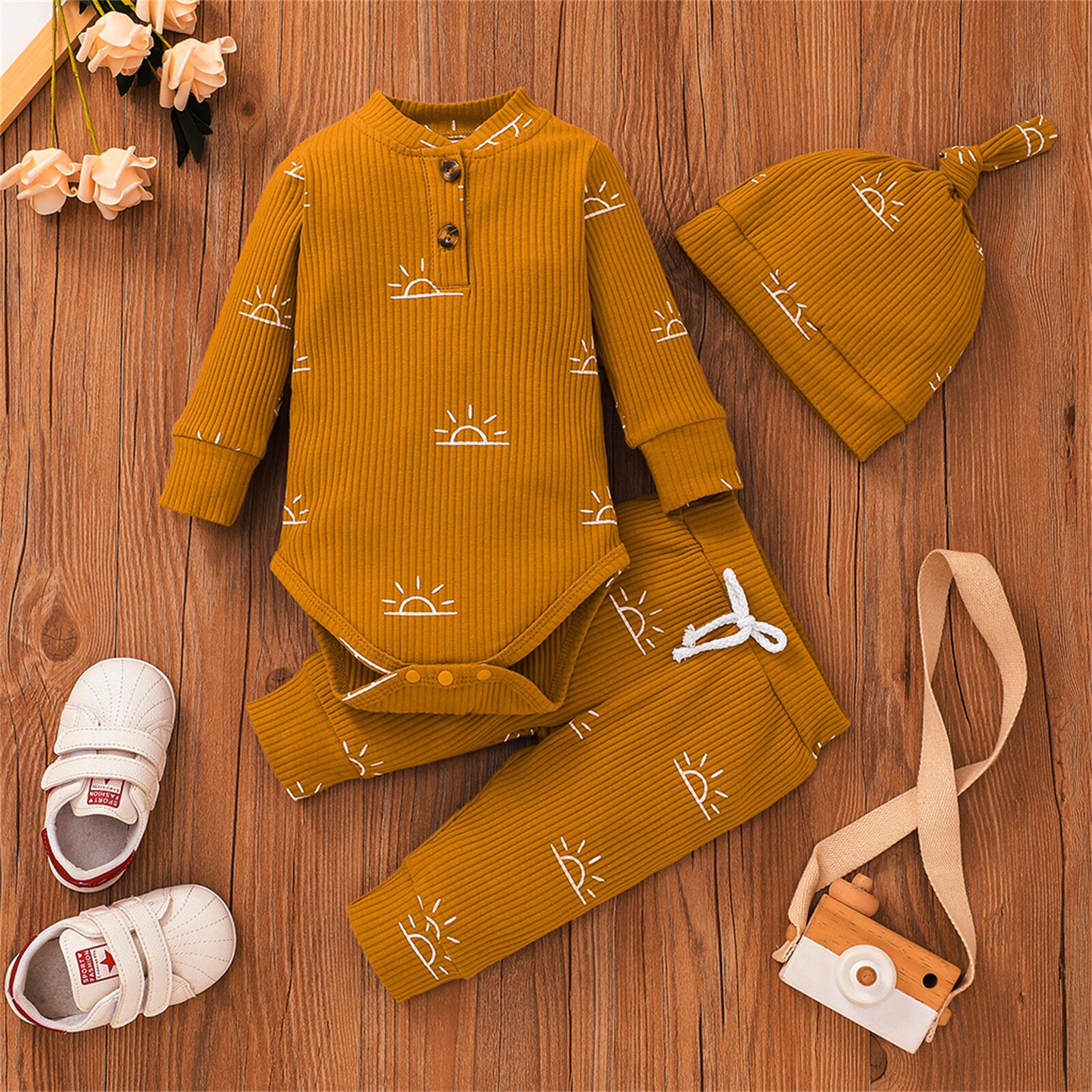 PatPat 3-piece Baby Boy Sun Print Button Ribbed Long-sleeve Romper, Elasticized Pants and Cap Set: Orange / 9-12 Months