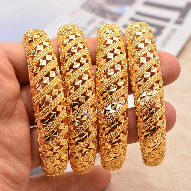 24K 4 pièces moyen-orient arabe dubaï 6.5cm grande taille Bracelet couleur or bracelets pour femmes mariée fille africaine couleur or bijoux: Default Title