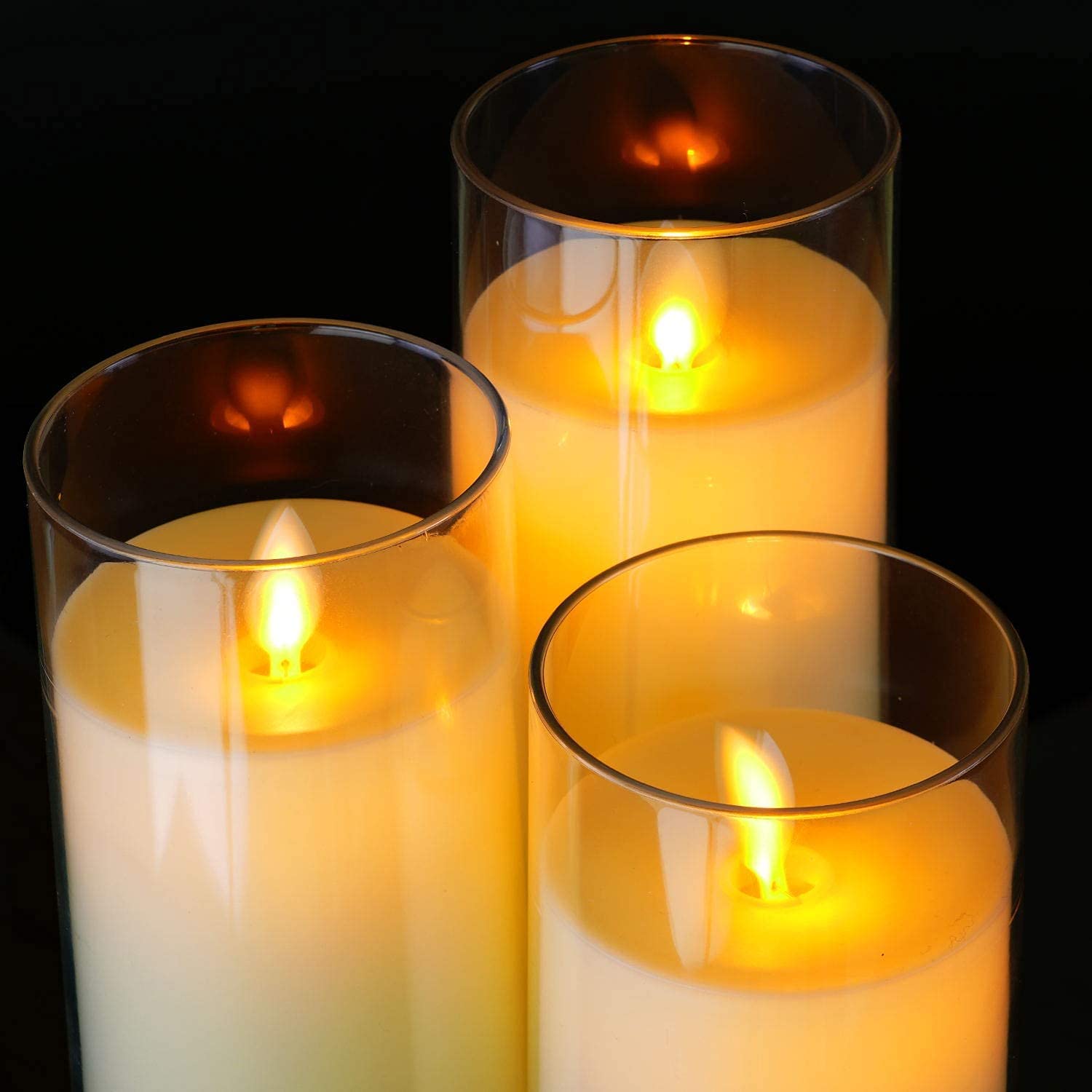 Glass Flameless Candles Set 8" 10" 12" Battery Operated Real Wax Pillars Glass LED Candles With Remote Control Cycling Timer