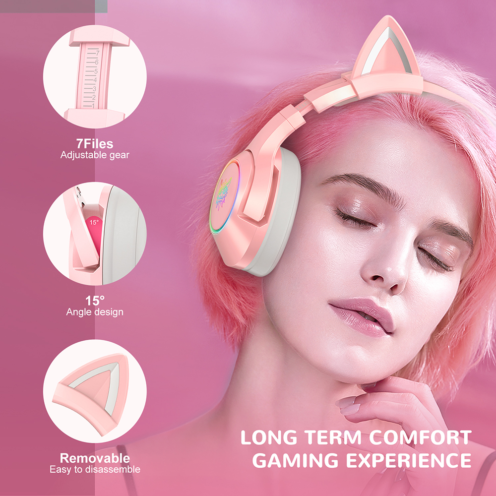 （original box）onikuma  k9 pink cute cat ear hovedtelefon med mikrofon gaming headset og støjreducerende med led lys