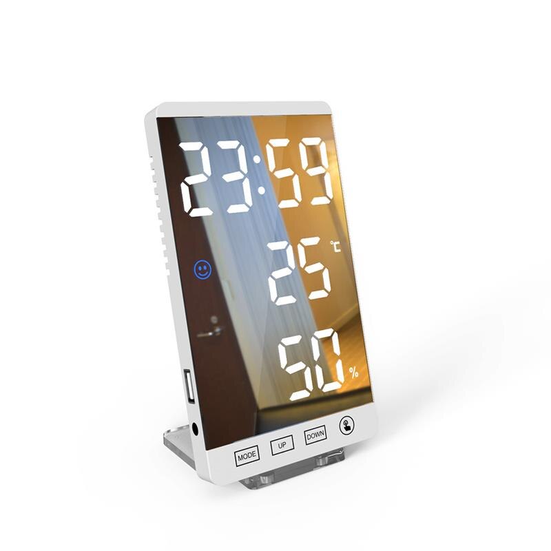 Led Mirror Alarm Clock Touch Button Wall Digital Clock Time Temperature Humidity Display Usb Output Port Table Clock