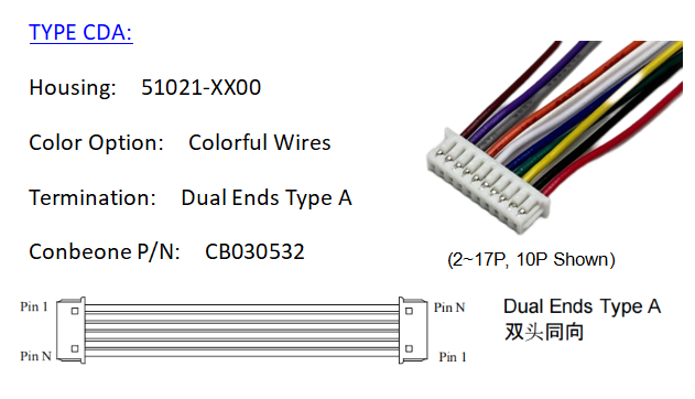 510211500 kabels, molex pico blade serie 1.25mm pitch , 51021-1500, 15p kabels, standaard verkrijgbaar: Groente / 0.6m