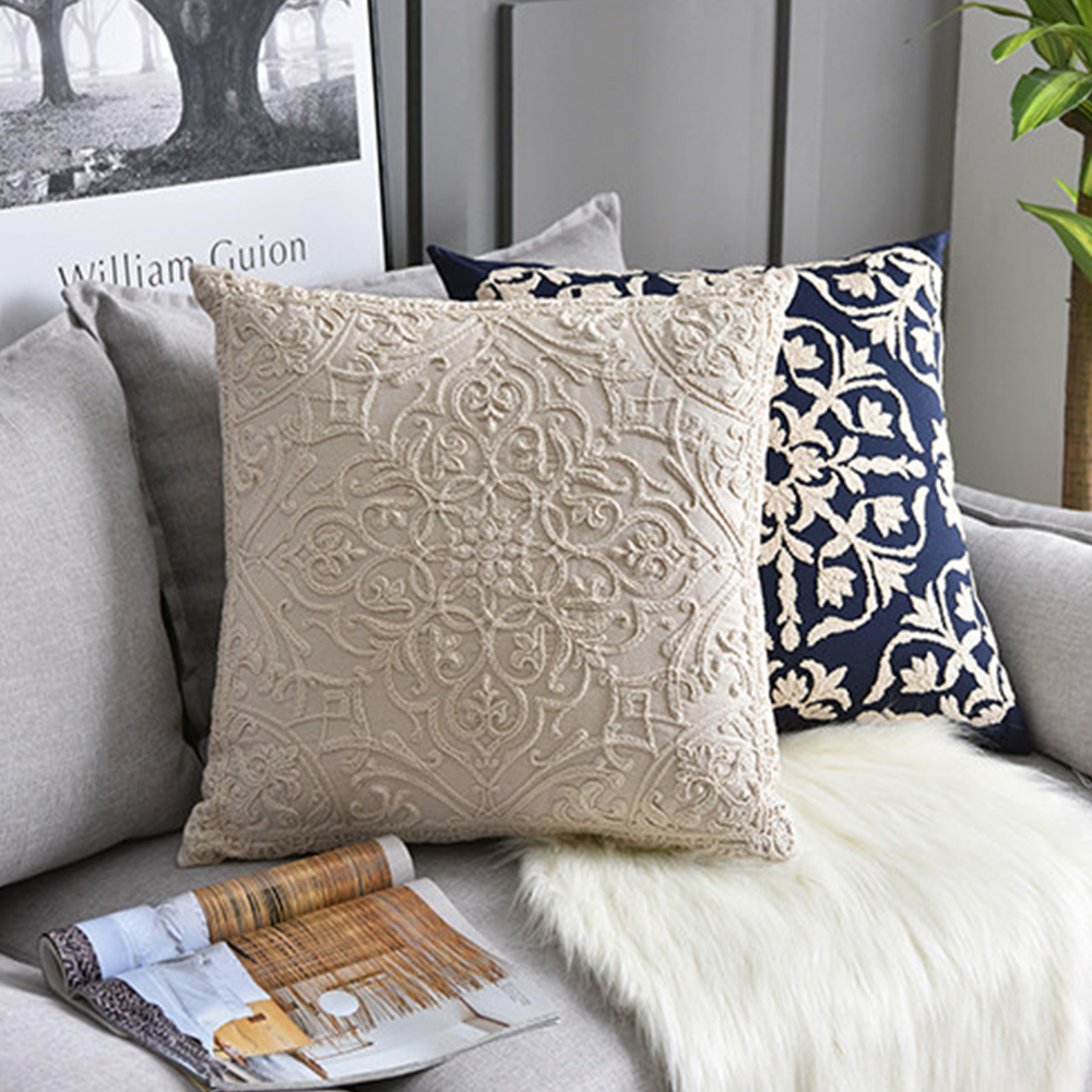 Funda de almohada de estilo bohemio, cubierta de cojín bordada de hilo de cuerda de color Beige europeo, decoración del hogar de lino y algodón, funda de almohada étnica de 50x50cm