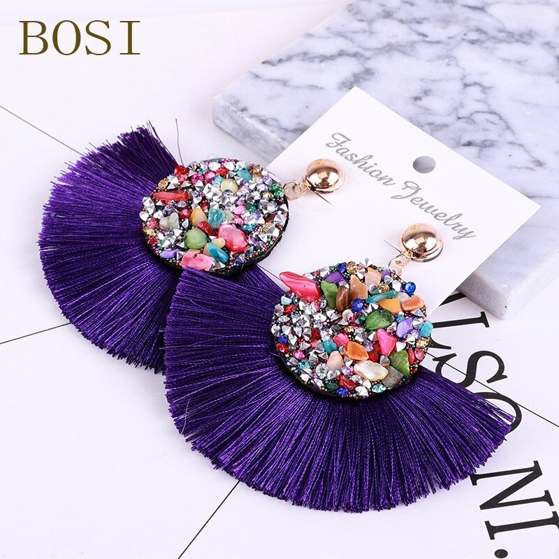 Tassel Earrings Bohemian Crystal Handmade Women Statement Luxury Long Earring jewelry Geometric Fringe Big stone