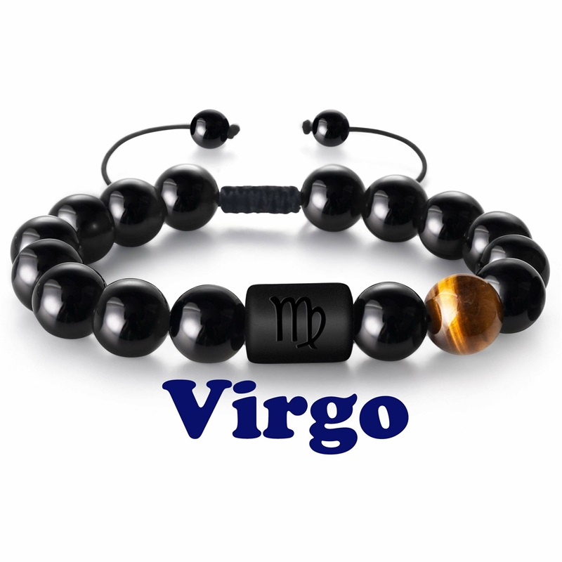 8mm naturlige svarte onykssteiner stjernetegn armbånd horoskop armbånd for kvinner menn vennskapssmykker: Rhodium belagt