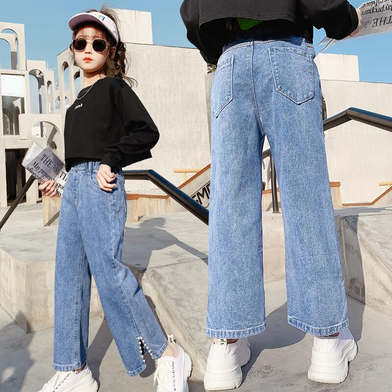 Girls Jeans Wide Leg pants Straight Side Slit pearl Jeans Loose Denim Ankle Trousers Children Girls Clothes