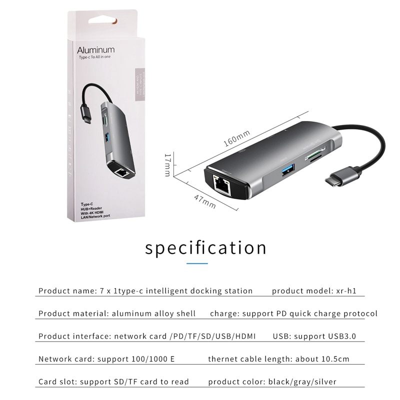 7 in 1 Usb 3.0 Type-C Hub To Ethernet +4K Video Hdmi Pd Rj45 +Charging Port Adapter +Sd/Micro-SD Slot for Macbook Iphone Huawei