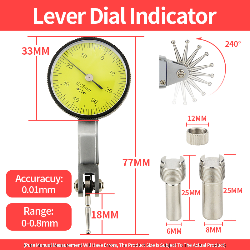 0.01mm Resolution Dial indicator Magnetic table Holder stand Dial Gauge Universal Magnetic Stand Base Indicator Measurement Tool: 0.8mm Dial Indicator