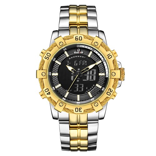 GOLDENHOUR-reloj analógico de acero inoxidable para hombre, accesorio de pulsera de cuarzo resistente al agua con doble pantalla, complemento Masculino de de lujo con clásico: Gold Black Silver