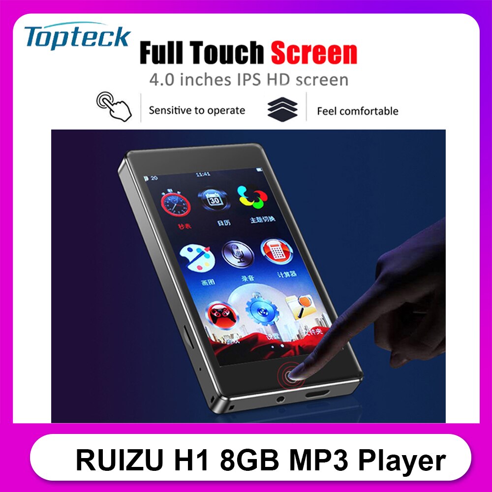 RUIZU H1 8GB MP3 Player 4 inches Full Touch Screen BT5.0 Portable Digital Music Player FM Radio Receiver Recording with Mic