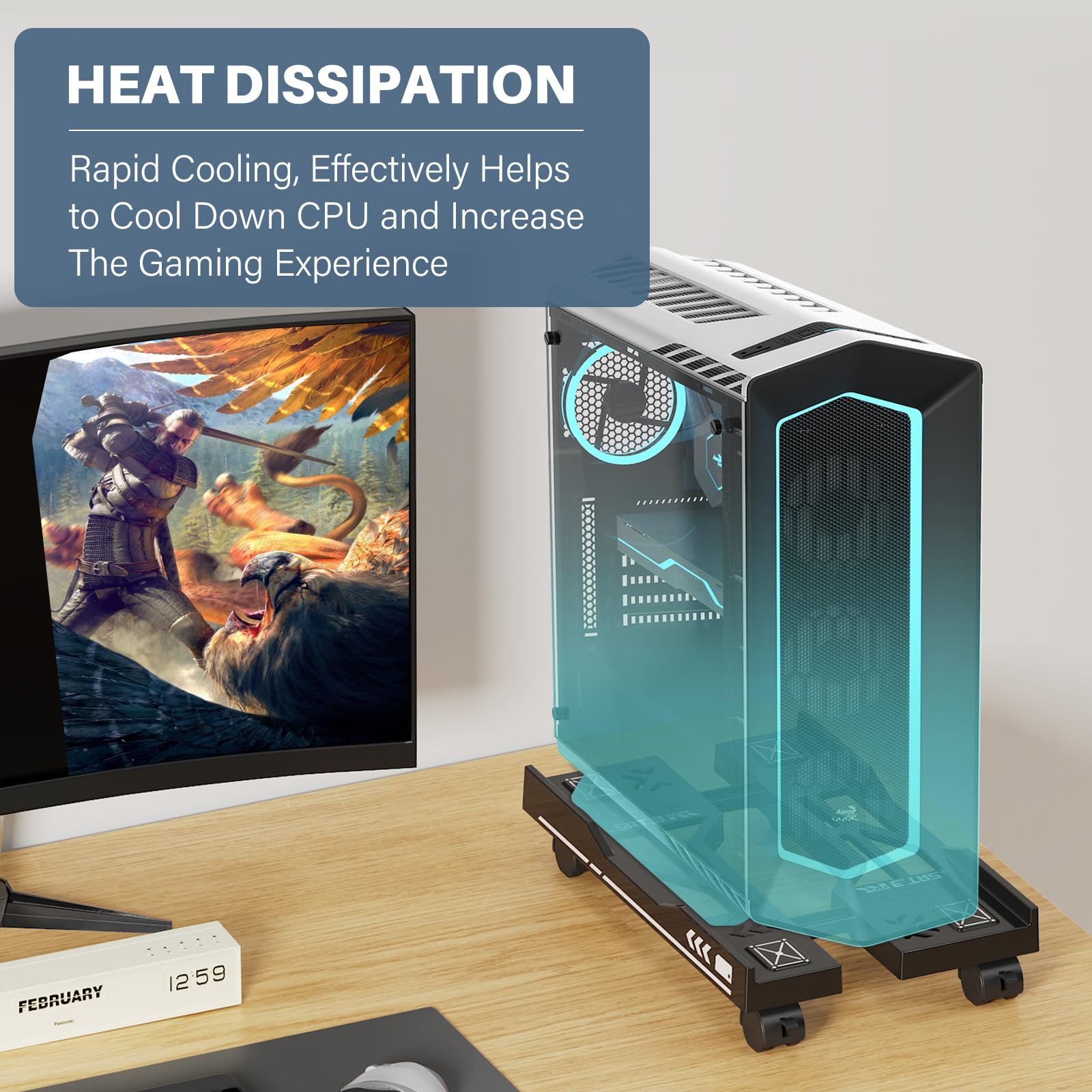 Adjustable Computer Tower Stand Under Desk Rolling Caster Wheels  - Removable cpu stand, Dazzling Black White Computer Tray 