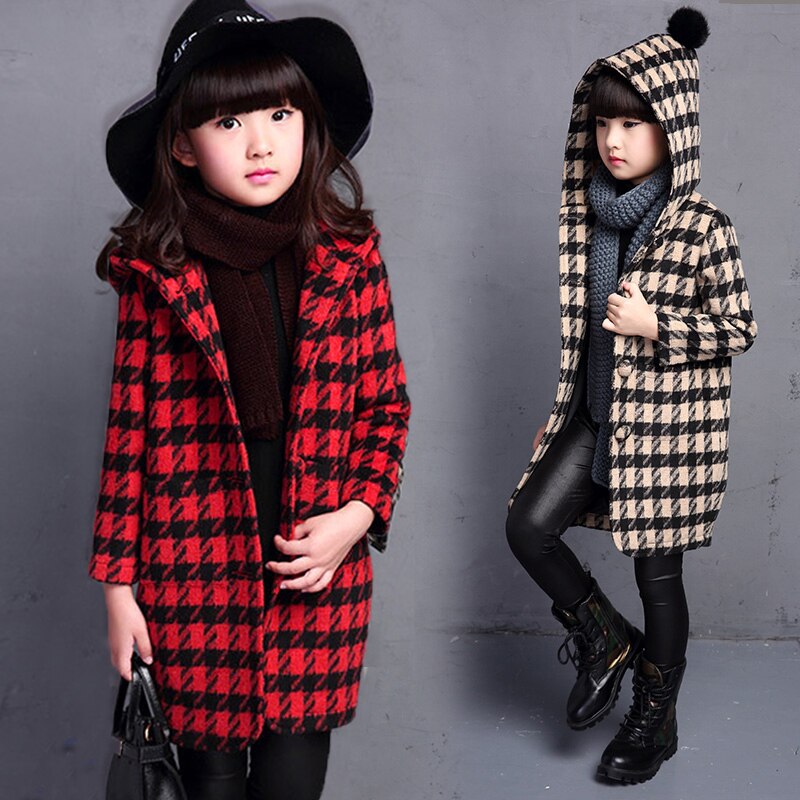 Småbarn jente ullkåpe høst vår klær i koreansk stil rutete kashmirjakke yttertøy parkas hette enspent  yy10