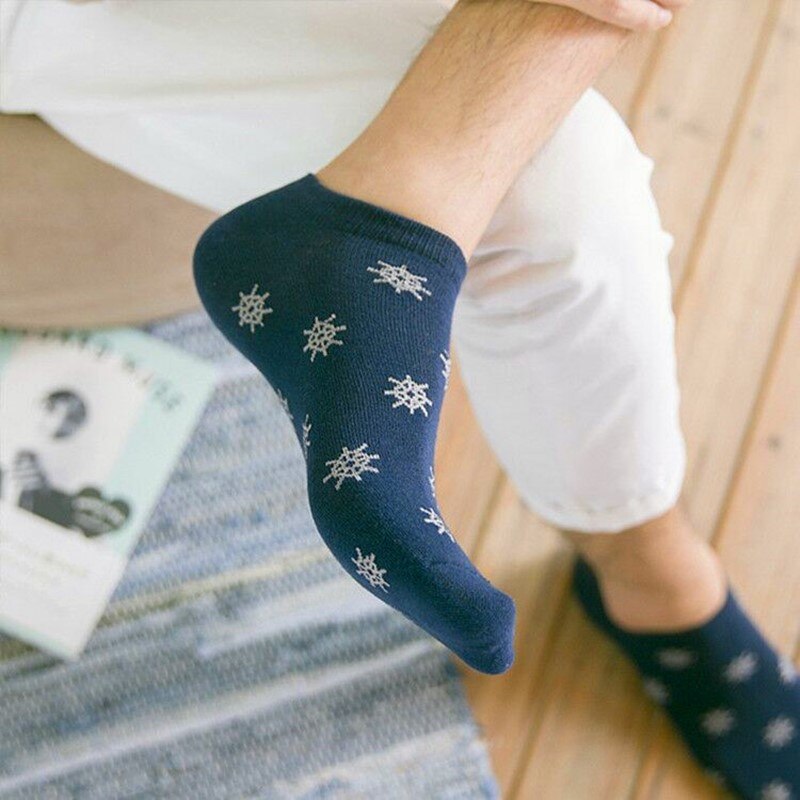 Calcetines tobilleros transpirables para hombre, calcetín de algodón, náuticos, rayas, anclas, estrellas, nieve, 5 pares, para primavera y verano
