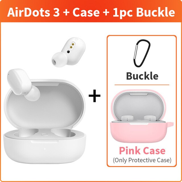 Xiaomi Redmi AirDots 3 True Wireless Bluetooth earphone aptX Adaptive Stereo Bass With Mic Handsfree Buds 3 TWS Earbuds: White add pink case