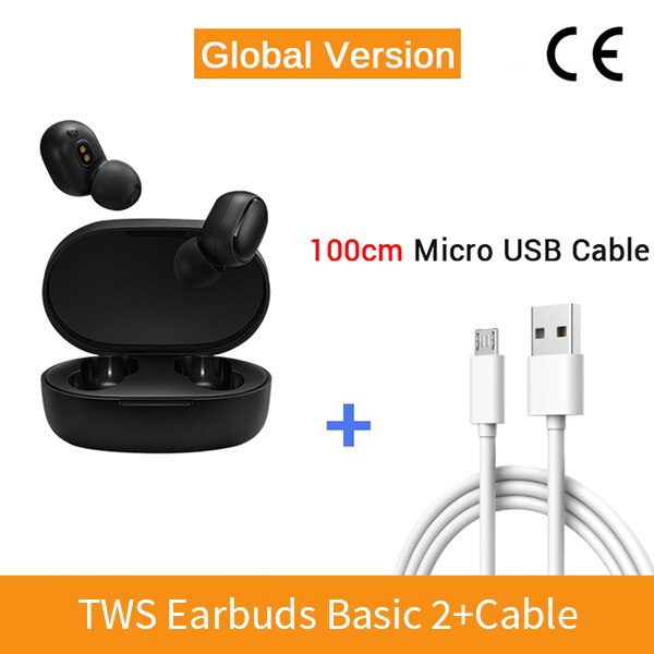 Original Xiaomi Redmi AirDots 2 Wireless Bluetooth 5.0 Charging Earphone In-Ear stereo bass Mi True Wireless Earbuds AI Control: GV Add100cm Cable