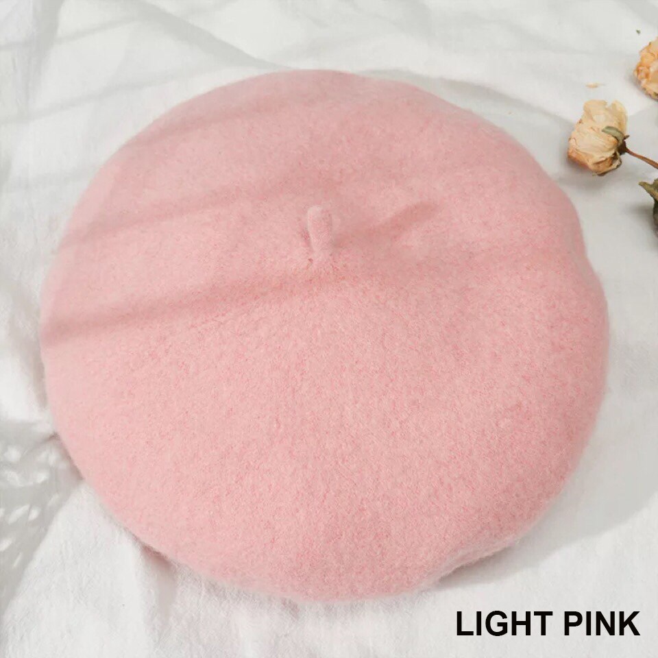 Women Girl Beret French Artist Warm Wool Winter Beanie Hat Cap Vintage Plain Beret Hats Solid Color Lady Winter Caps: Light pink