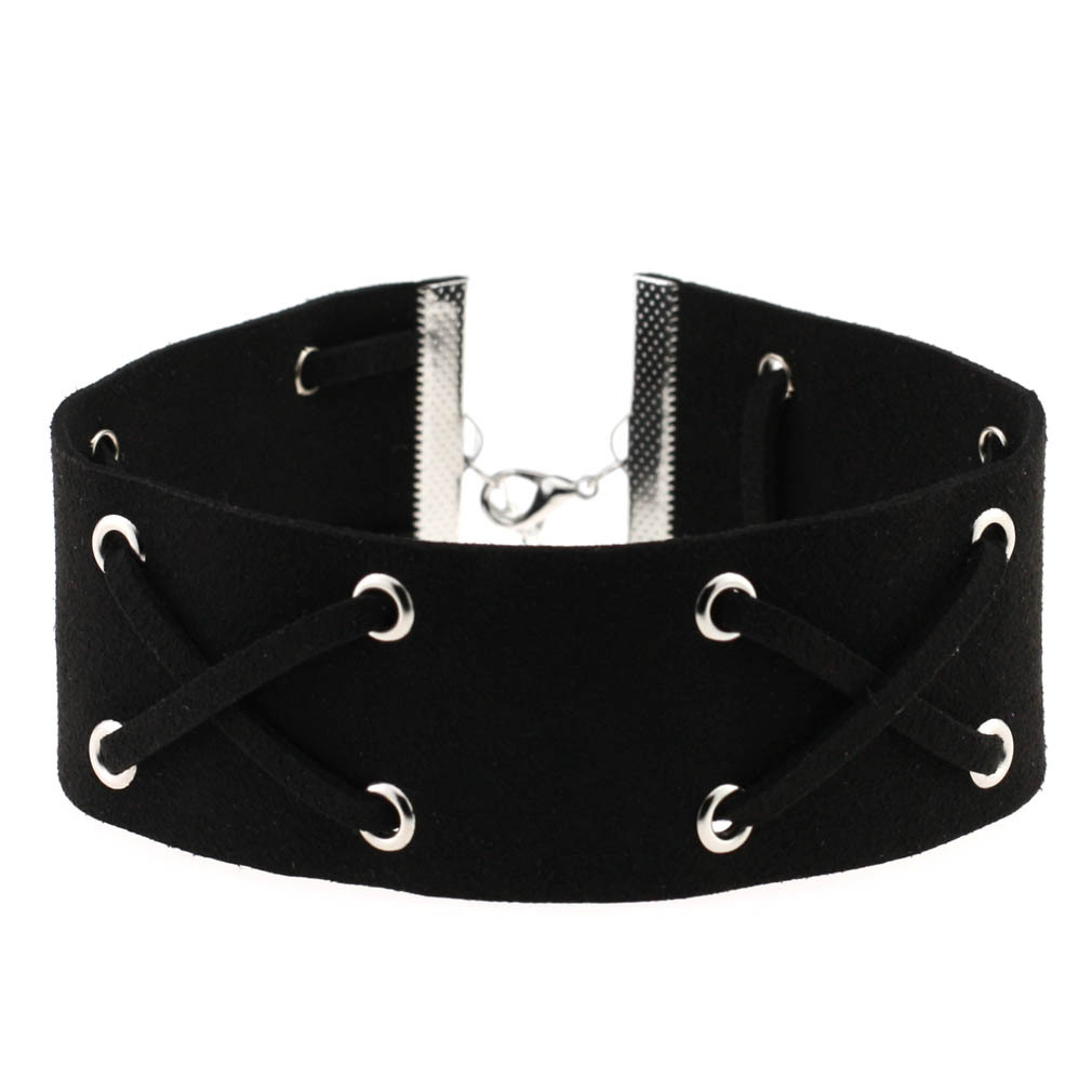 Decopunk Handmade Neo Gothic Hippie Wide Leather Wrap X Charm Silvery Lobster Buckle Adjustable Choker Necklaces For Women: Black