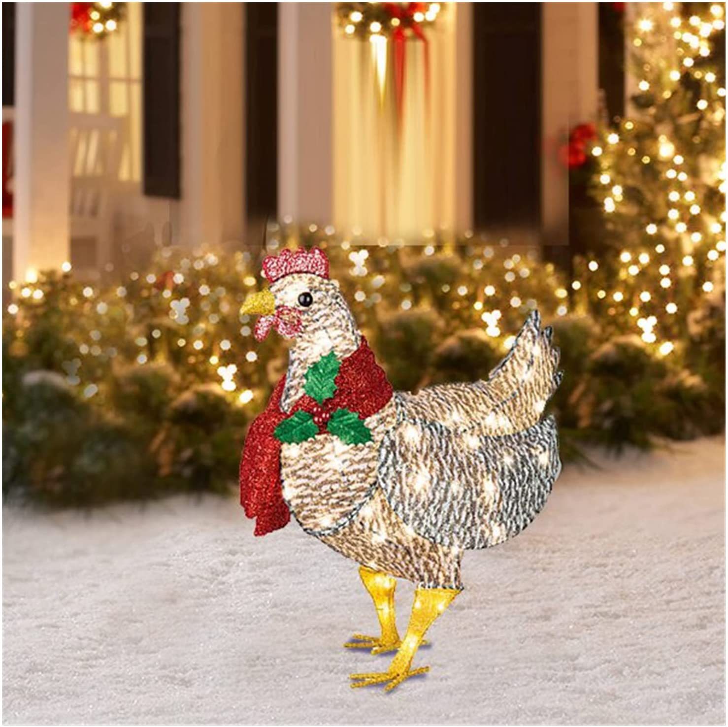 Christmas Decorations Light-Up Chicken with Scarf Decor LED Flat 3D Outdoor Christmas Lights Statue Garden Yard Ornament