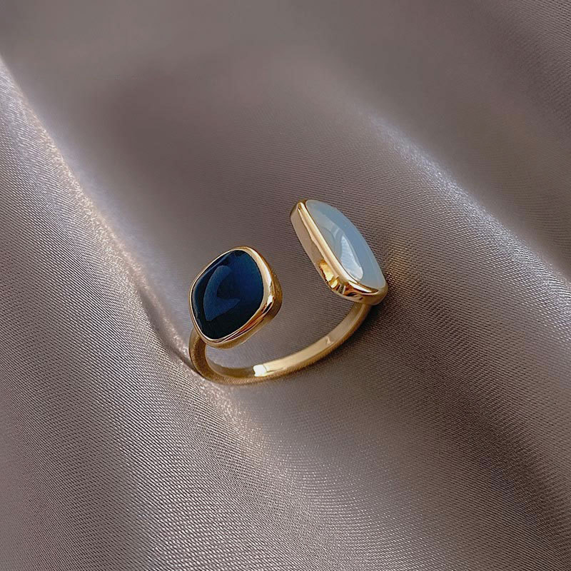 Franse Retro Vierkante Blauwe Olie Druipen Ring Mode Temperament Eenvoudige Opening Ring Vrouwen Sieraden