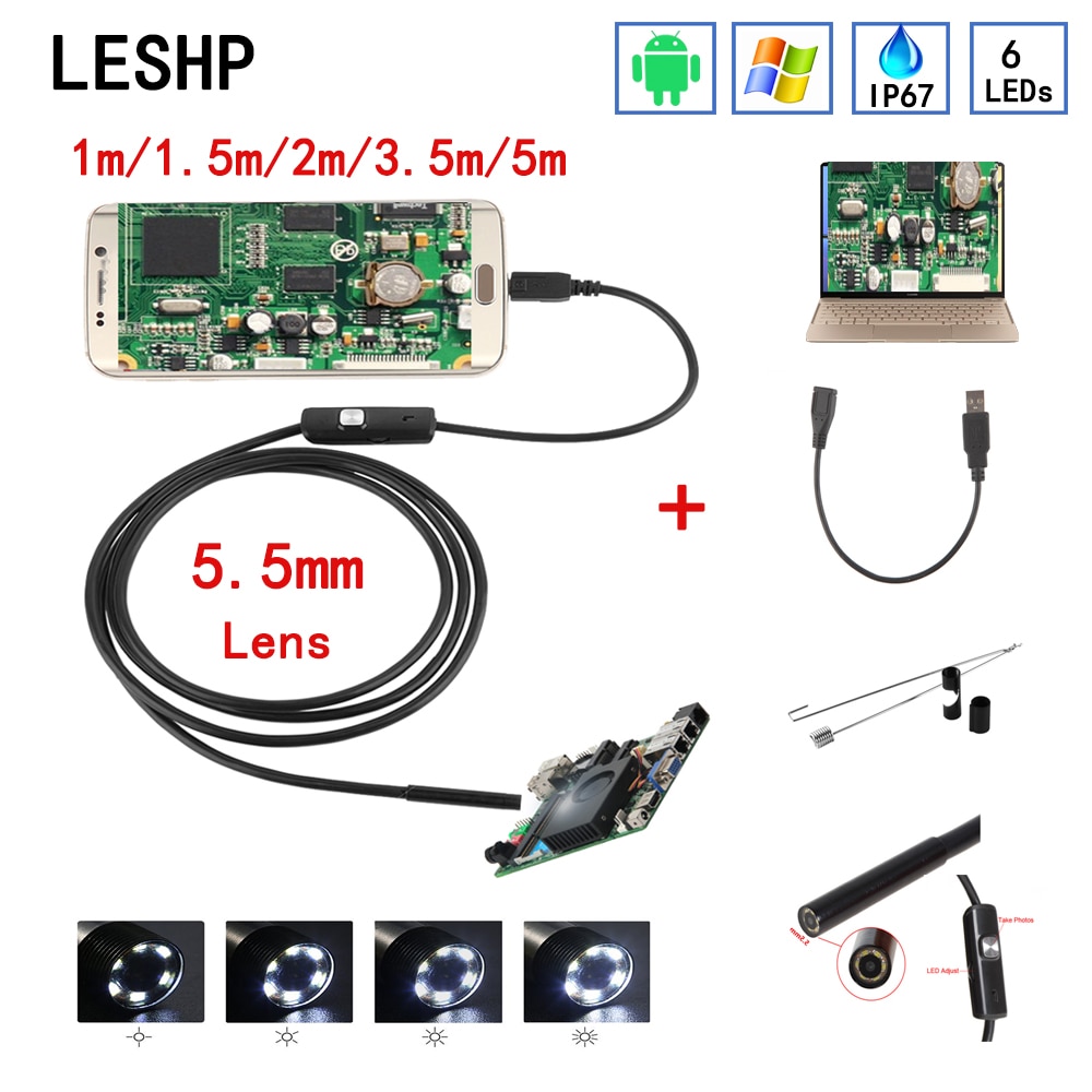 OTOTEC 1m USB/Micro USB Endoscoop Inspectie Kit 5.5mm met 6 LED Licht Compatibel met Android & PC