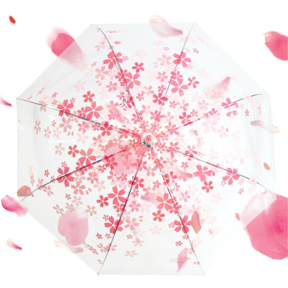 Brusebad sakura blomst gennemsigtig paraply til kvinder lyserød lang håndtag romantisk bur paraply regn fuglebur bryllup parapluie: Default Title