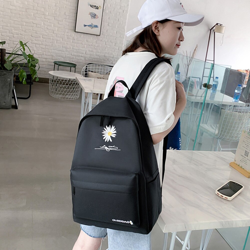 Canvas Women Backpack Shoulder Bag Daisy Flower Embroidery School Bag