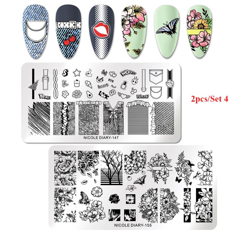 2Pcs Nicole Dagboek Nail Stempelen Platen Lente Bloem Rechthoek Rvs Nail Image Stencils Stempelen Template Tool