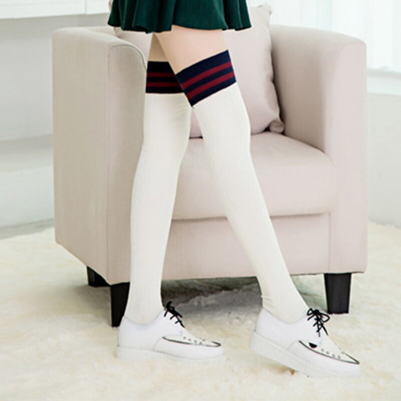 Kvinder bomuld lange strømper lår høje sokker passer ung dame forår udendørs aktiv slid stribet mønster strømpe