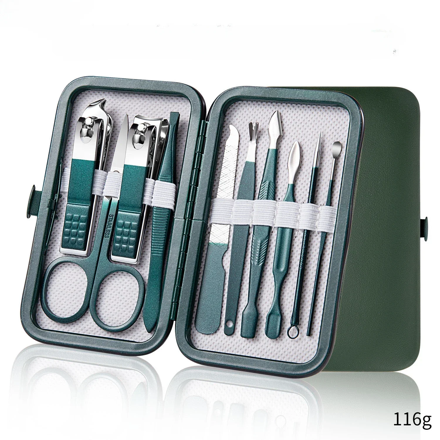 juego de cortaúñas de acero inoxidable con Estuche De Viaje de cuero, juego de herramientas de aseo verde para manicura, herramienta para el cuidado de los pies en el hogar: Verde militar