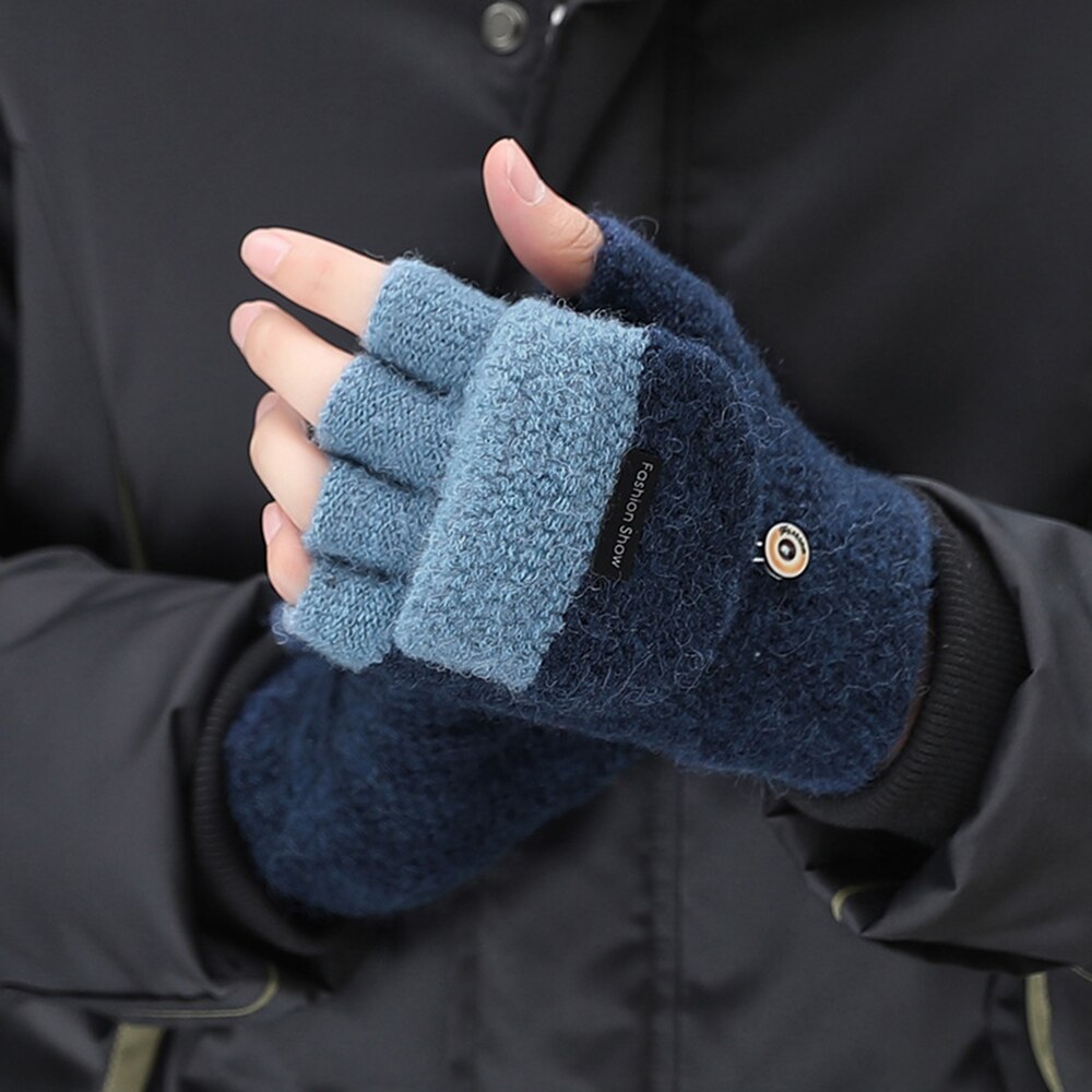Mand bomuldsuld strikkede handsker fortykkelse patchwork flip fingerfri udsatte fingerhandsker mandlige halvfinger vinter varme vanter: Cyan
