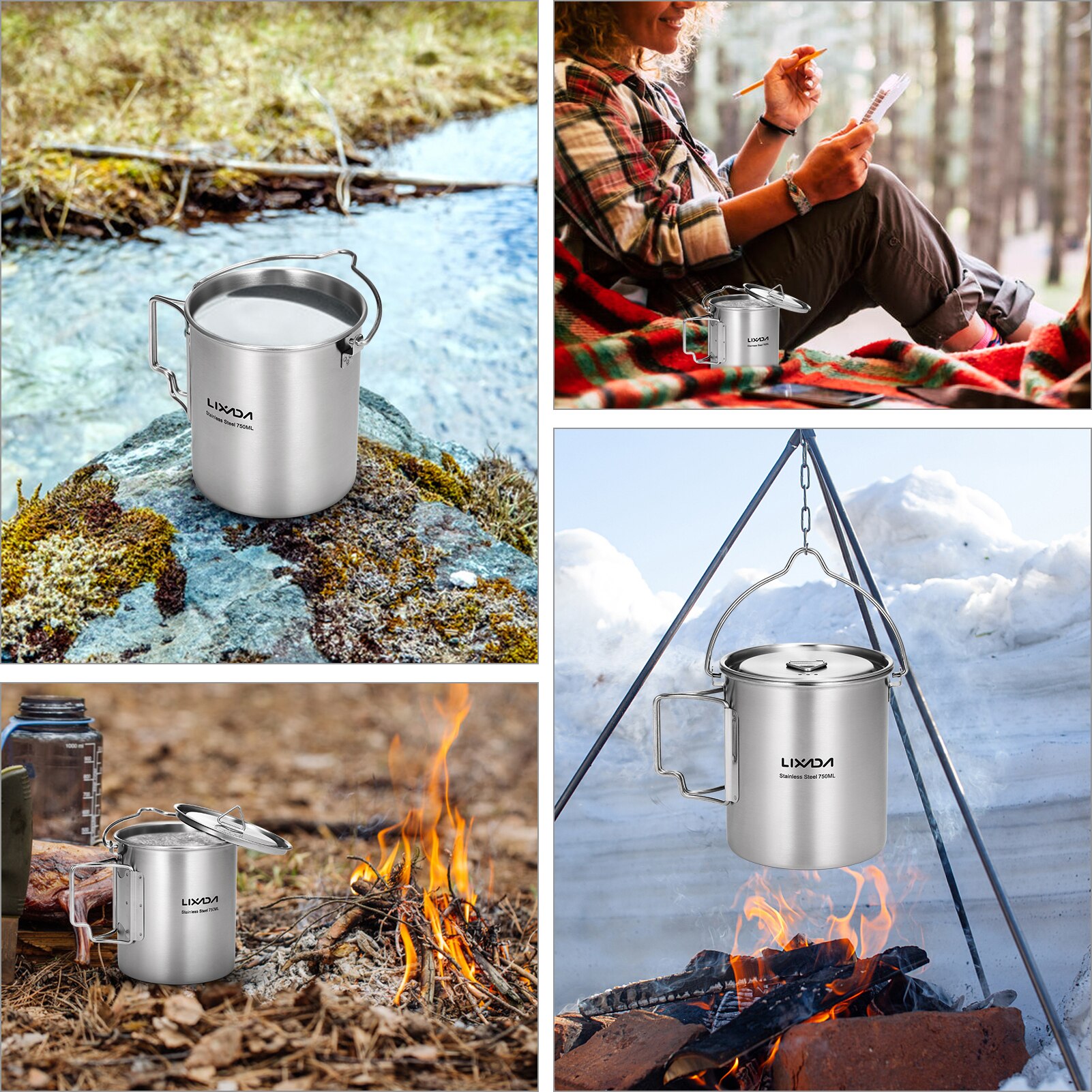 750ml Stainless Steel Pot Portable Water Mug Cup with Lid and Foldable Handle Outdoor Camping Cooking Picnic