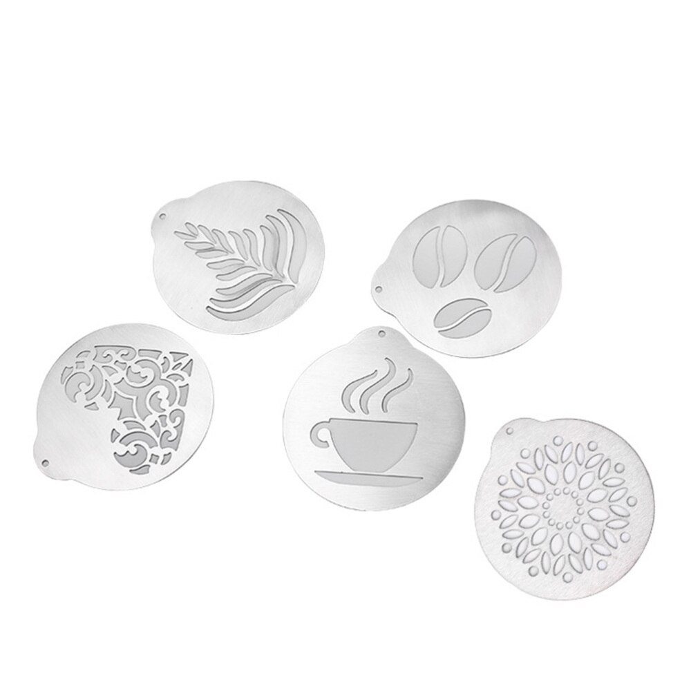 5 stuks roestvrijstalen koffiesjablonen, barista-cappuccino-sjablonen, koffiekransvorm, taartdecoratiegereedschap
