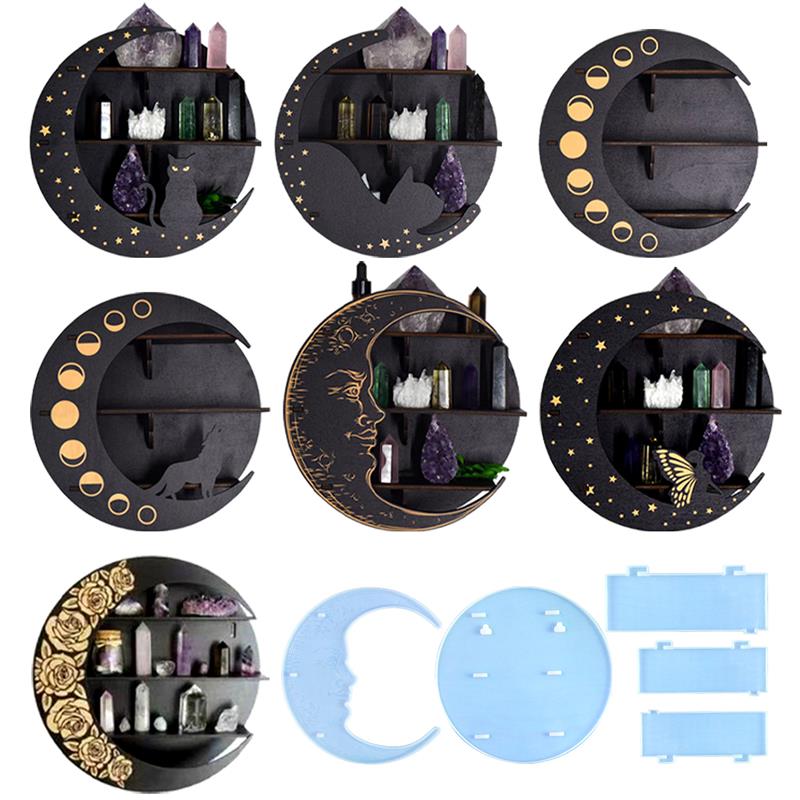 Estante de almacenamiento en forma de luna, molde de silicona INS, colgante de pared de viento, Molde de resina Epoxy hecho a mano, estilo gato, accesorios de decoración del hogar