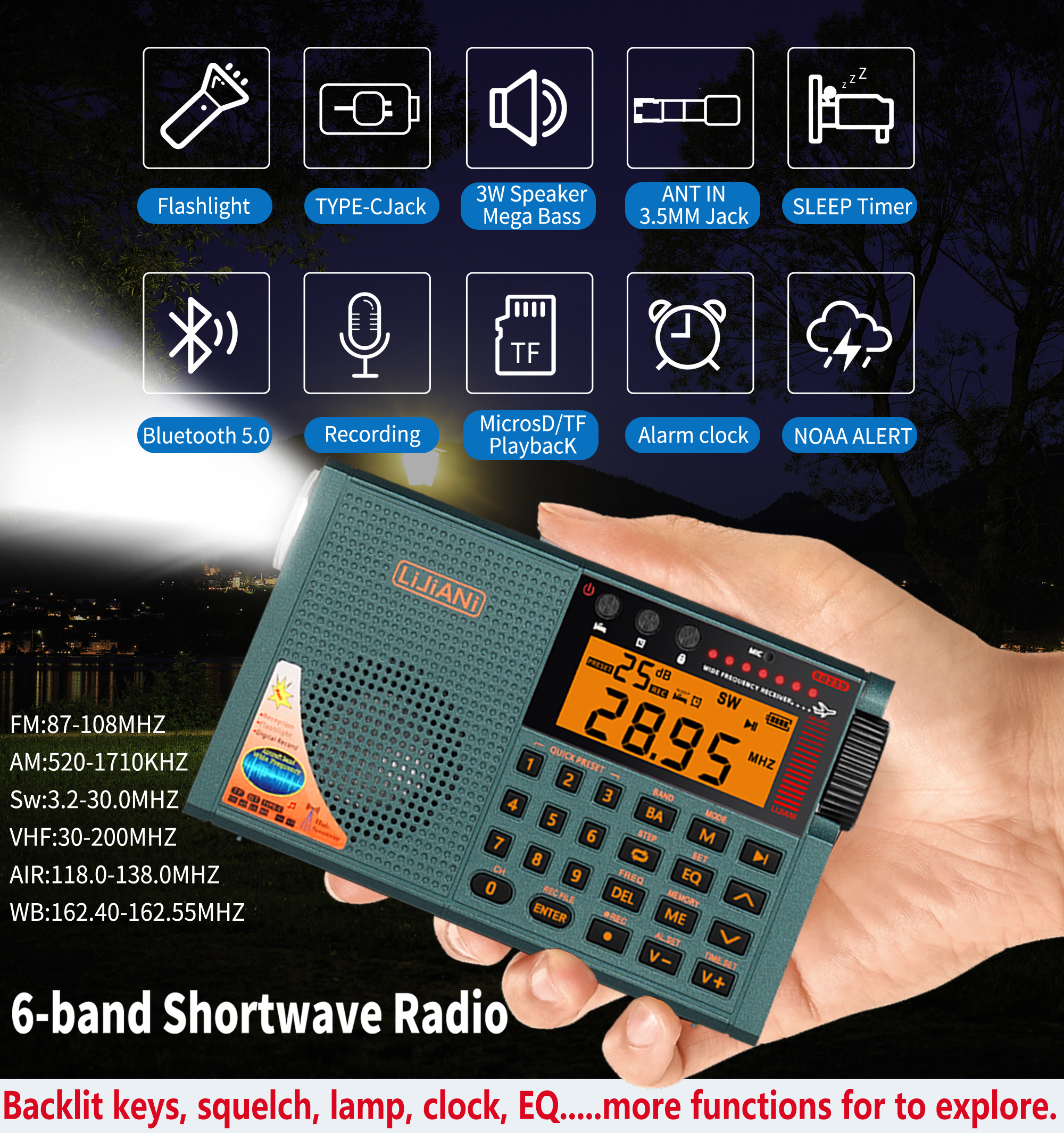 ver v3.3 Shortwave Radio AIR/VHF/AM/FM/SW/WB Bands Transistor with Bluetooth/TF Card/Flashlight,MP3 Player, Digital Record