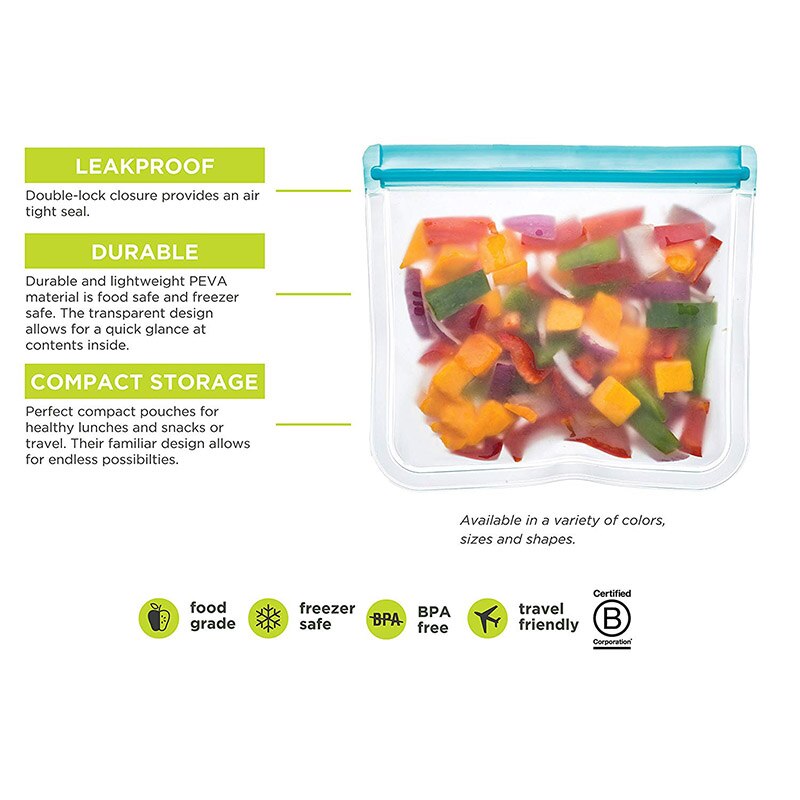 Sachet de rangement des aliments 3 pièces/ensemble | Sachet de stockage des aliments, sachet réutilisable, sac à fermeture à glissière PEVA, sac Silicone étanche, organisateur de cuisine, sac frais