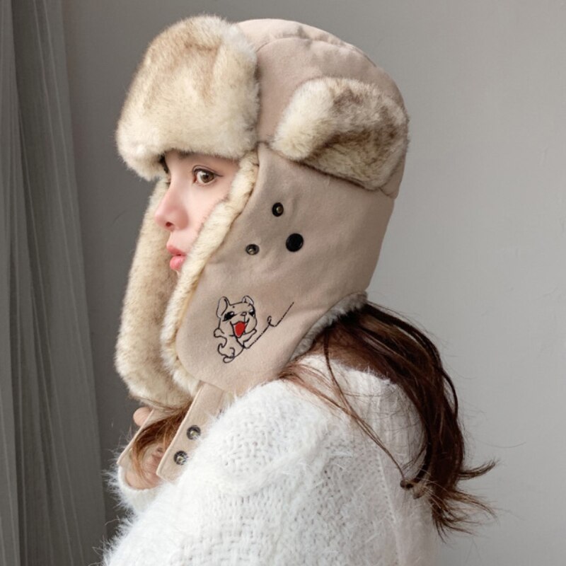 HT2876 gorro ruso grueso y cálido para mujer, gorro de Invierno para mujer, gorro con orejeras, gorro de esquí para nieve, máscara de mujer, gorro de piel Ushanka, sombrero de bombardero para mujer