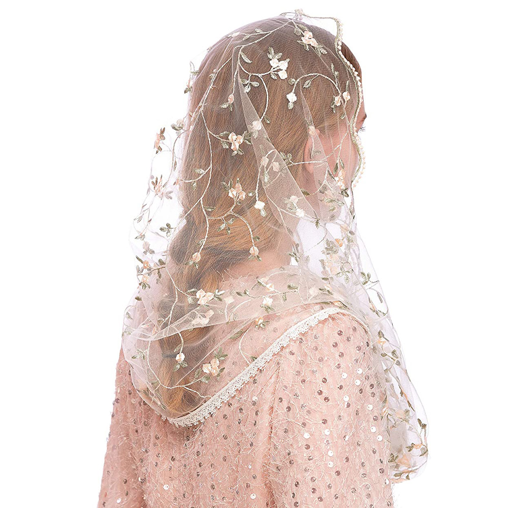 Velos de la Virgen para mujer, velo Infinity de Mantilla para mujer, masa latina, pequeño bordado Floral suave, pañuelo para cubrir la cabeza de encaje para novia