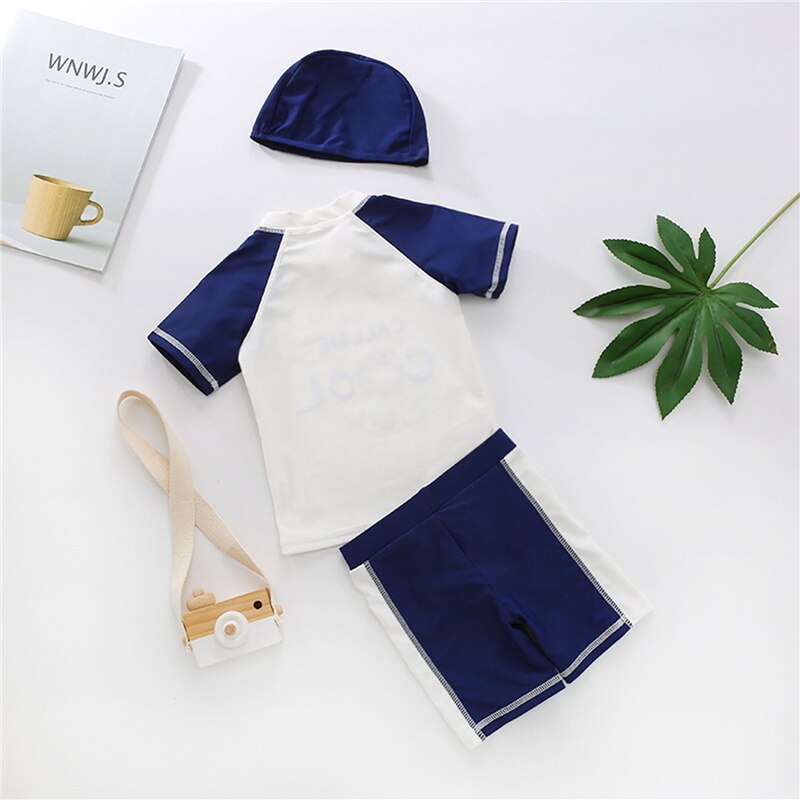 3Pcs Summer Kid Baby Boy Swimwear Short Sleeve Cartoon Letter Print Top Blue Short Pants Cap Swimsuit Swim Beach Bathing Suit