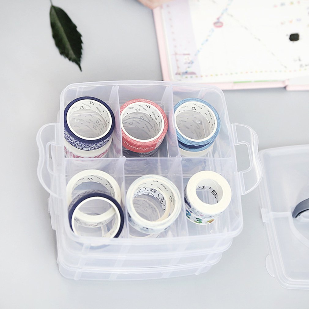 Sammenfoldelig trelagsbånd gennemsigtig opbevaringsboks separate tape klistermærker værktøjsstyring gennemsigtig plast kontorarrangør