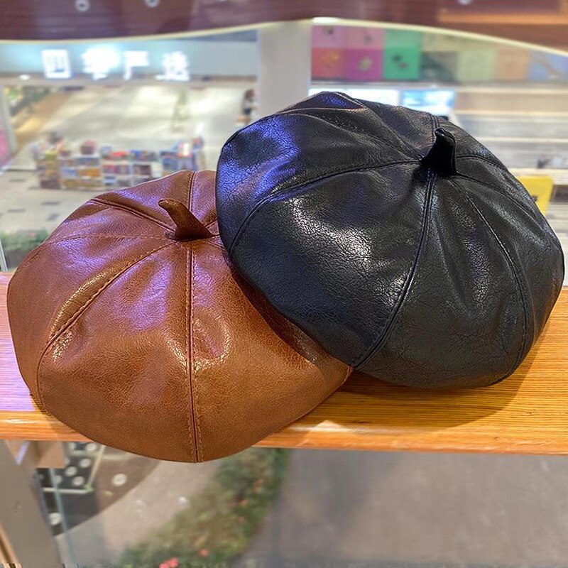 Vintage Women Beret Solid Beret Cap Pu Leather Beret French Artist Warm Beanie Pumpkin Hat Female Ladies All-Match Adjustable
